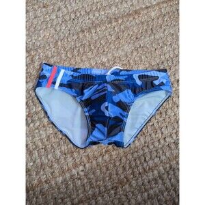 Men's Blue Camo Swim Brief Pocket Drawstring SM/Med NWOT